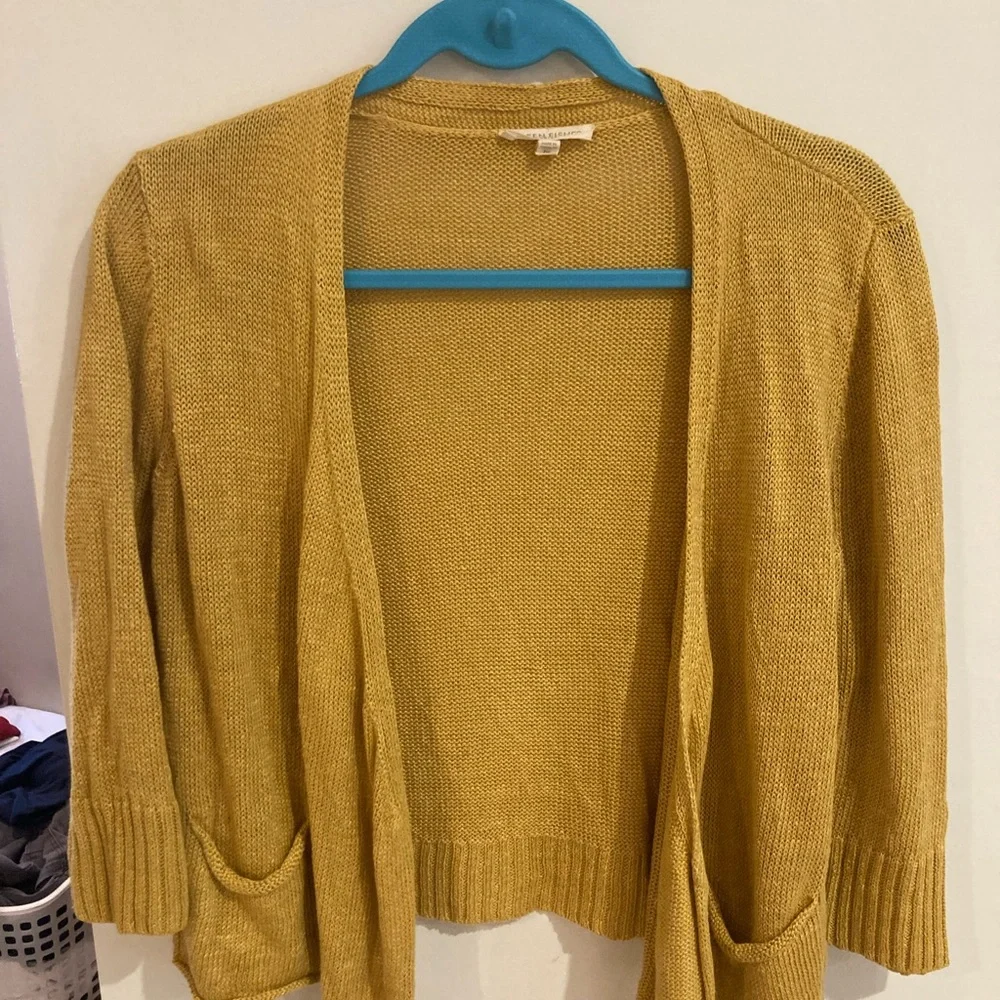 Eileen Fischer petite small mustard yellow cardigan.  Italian hemp yarn. - Picture 3 of 9